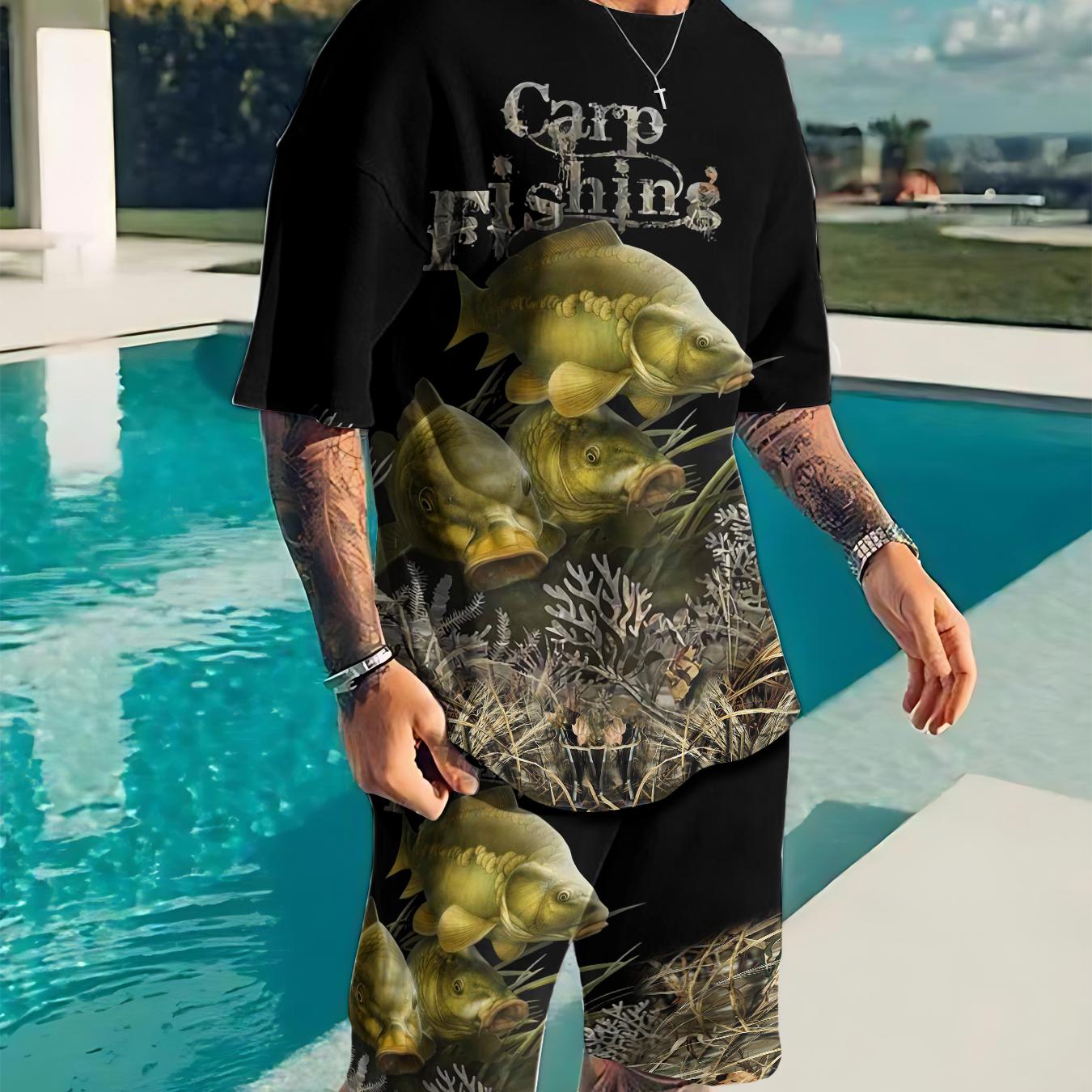 

Мужские футболки и шорты, комплекты из 2 предметов, футболки, модный мужской костюм для рыбалки на окуня, уличная одежда с принтом, повседневный спортивный костюм с короткими рукавами XL