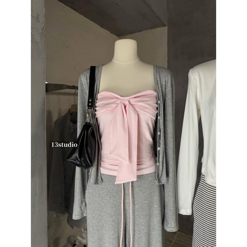 

Chestnut Cocoa Relax Time Tencel Cardigan, Bandeau, and Color Block Long Pants Set Small