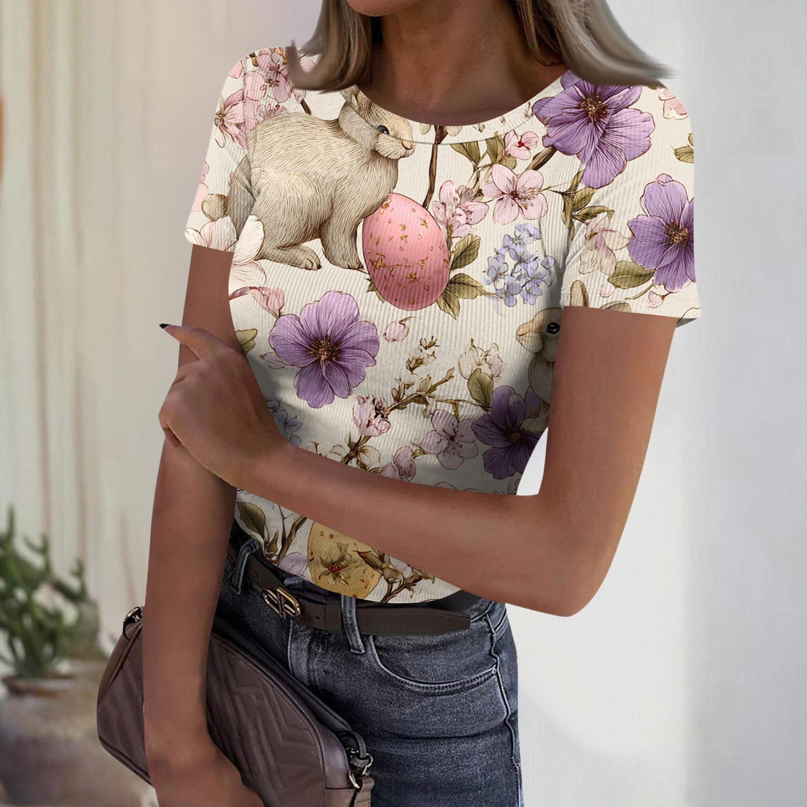 Women s Casual Fashion Round Neck Easter Print Short Sleeve Ribbed Top L