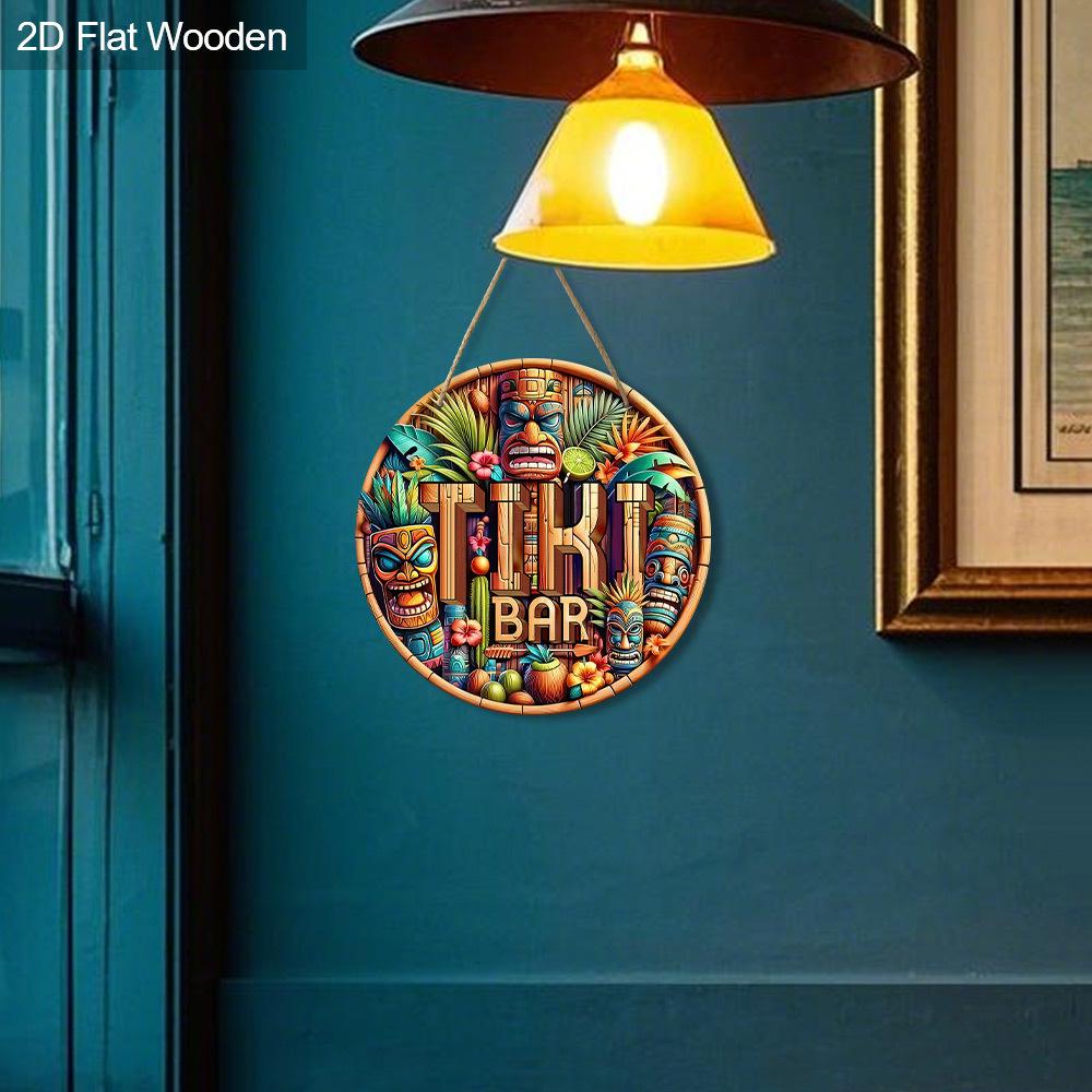 Tiki Bar Sign, Wooden Printed Tiki Decor Round Signs, Outdoor Signage with Tiki Statue