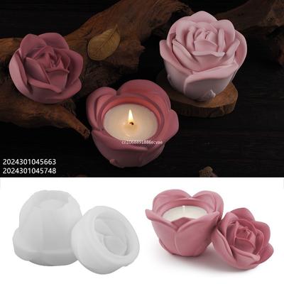3D Rose Candle Jar Concrete Silicone Molds with Lid Crystal Resin Molds Flower Candle Holder Storage Box Cement Mould Home Decor