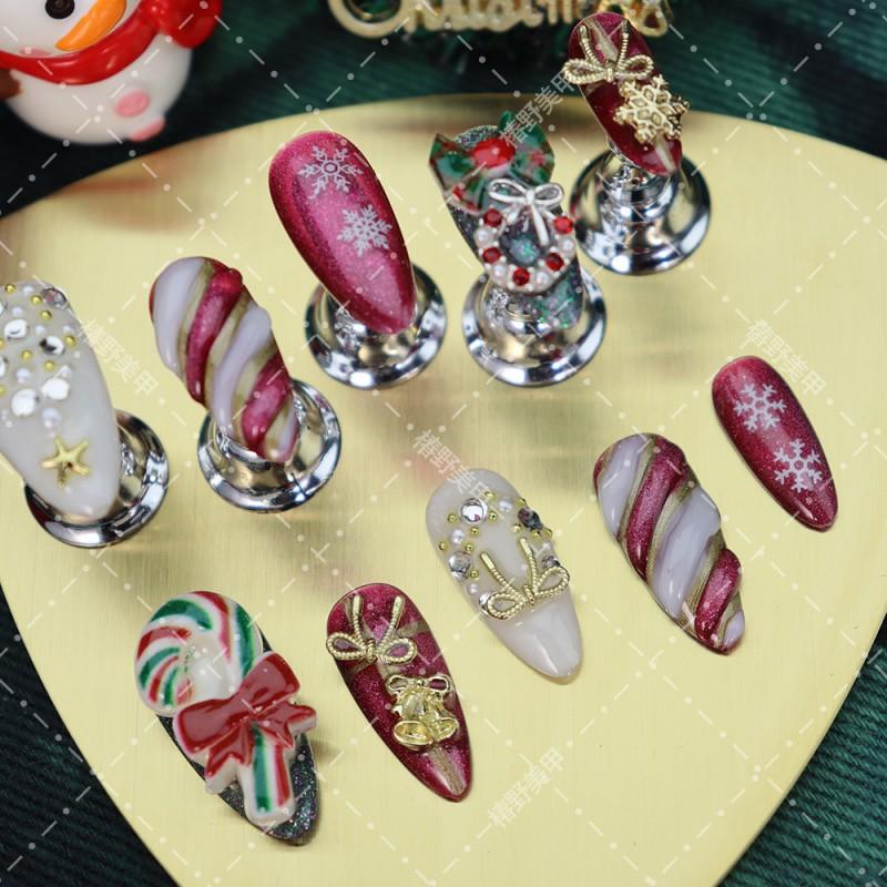 Christmas Press-On Nails With 3D Cane Sweet Floral Design Acrylic Almond Shape Women