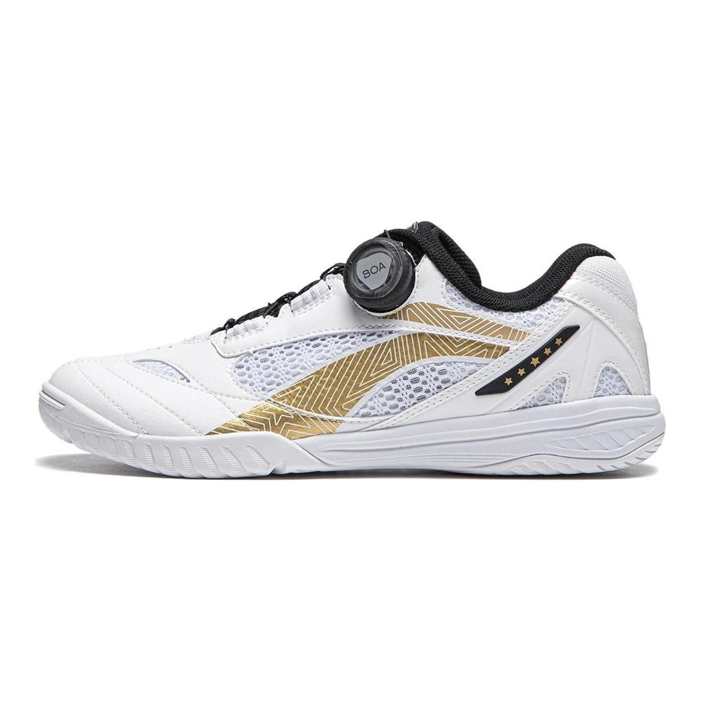 Li Ning Abrasion Resistant Low Top Table Tennis Shoes Unisex White Gold Black APPU005-2