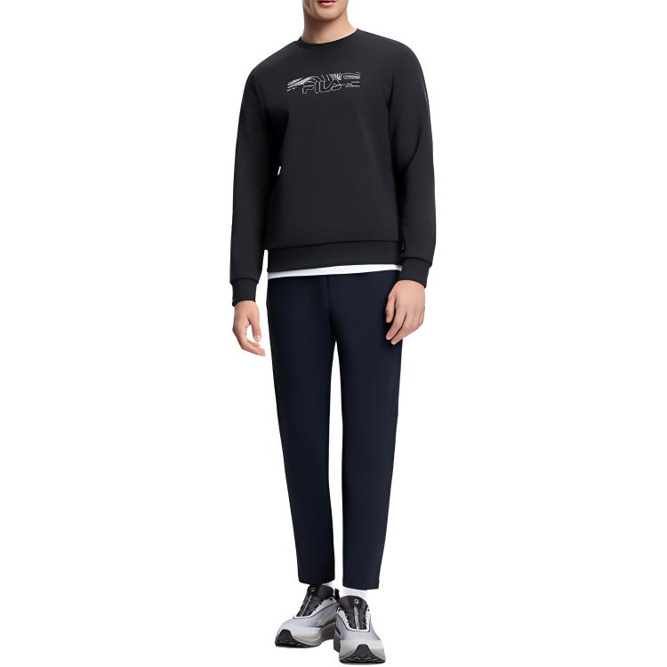 FILA Logo Print Fitness Crew Neck Pullover Retro American Sweatshirt Men sweatshirt Deep-Black A11M341206F-BK