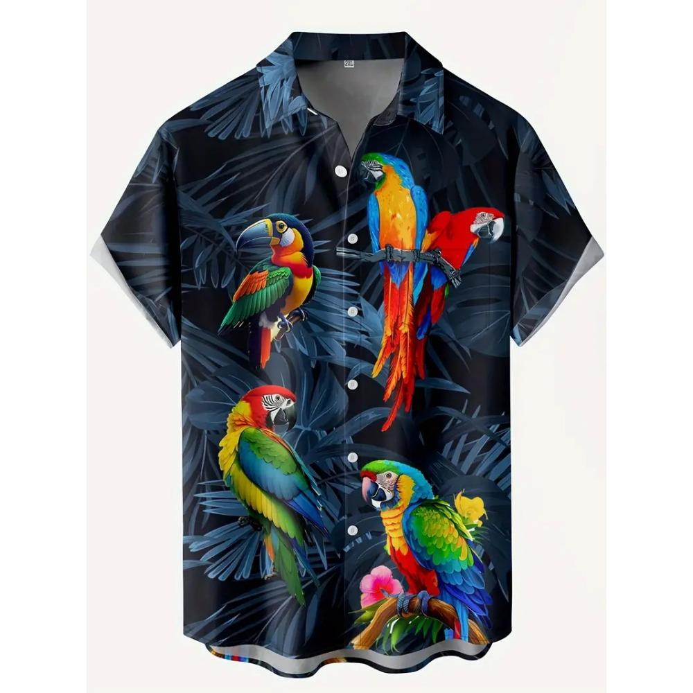 Herren Leuchtend Papagei Tropisch Floral Print Hawaiihemden Lässig Kurzarm Knopfleiste Strandhemd für Männer Sommerurlaub