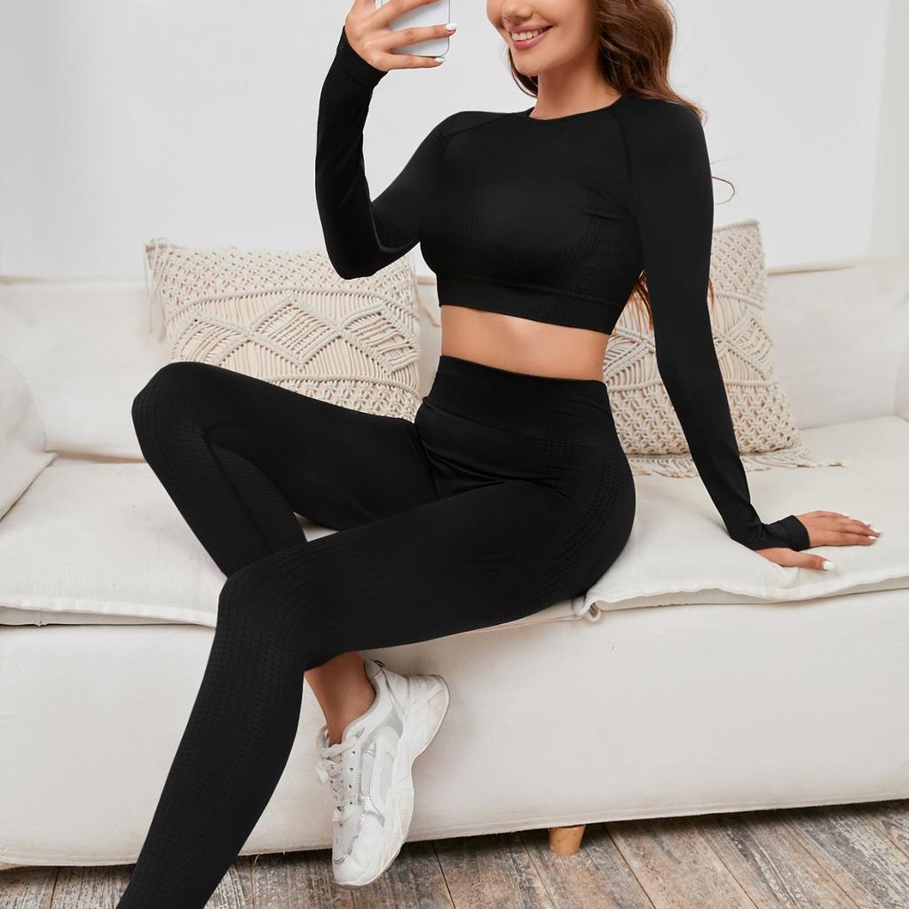 Two-piece Seamless Sports Training Suit,Long-sleeved High-waisted Round-neck Trousers Tight Leggings Women's Sportswear