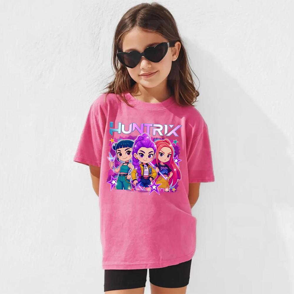 Summer Kids T-shirt Kpop Demon Hunters Pattern Print Short-sleeved Tops Tees Casual Girl T-shirt Kids Streetwear