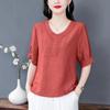 Women Floral Embroidery V-neck Blouse Half Button Short Sleeve Casual Loose Fit Top