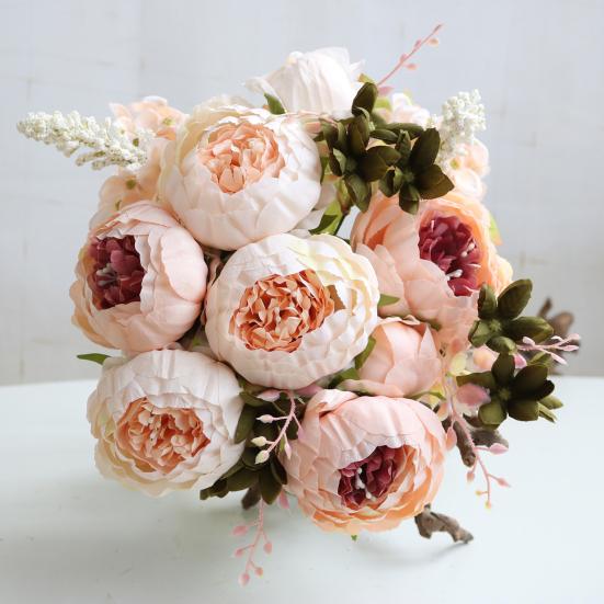 13 Heads Artificial Flower Silk Fabric Realistic Peony Bouquet with Soft Touch Home Wedding Display Office Decoration