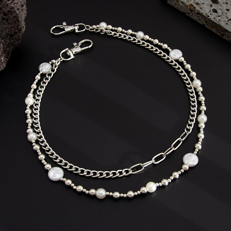 Exquisite Luxury Cross Pendant Imitation Pearl Pants Chain For Men Punk Trousers Chain Hip Hop Jeans Chain Clothing Accessories
