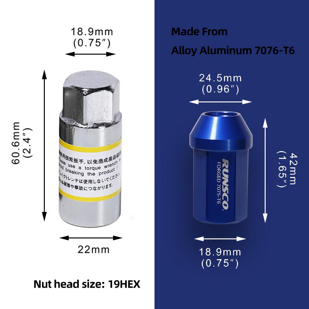 אומים גלגל HEX 19 מ"מ M12x1.5/M12x1.25 אומים גלגל מירוץ מחושלים אלומיניום 7075-T6 אורך 42 מ"מ
