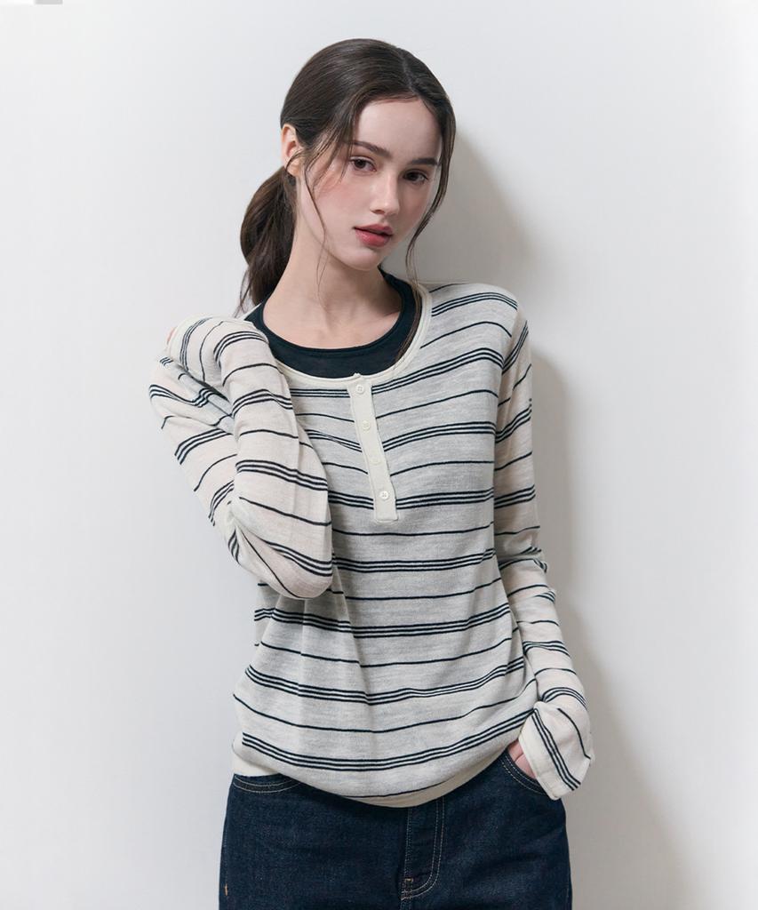BASIKA Striped Layered Henley Neck Knit (White)