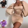 ZL1924 Women's Satin Square Neck Backless Ruched Bodycon Mini Dress with Lantern Sleeves - 2023