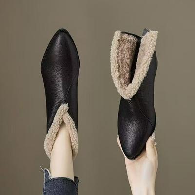 2025 Pointed New Fashion Boots Women's Soft Leather Comfortable Velvet Versatile Temperament Warm Boots Cotton Boots Fashion Boots Women