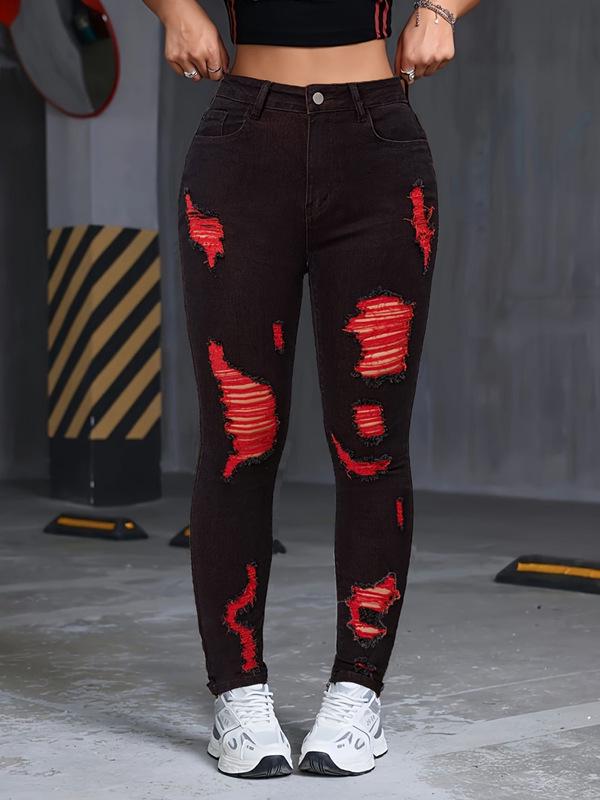 2025 High Waist Ripped Color Block Denim Jeans