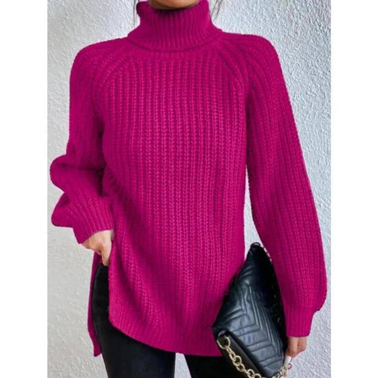 Soft Warm Knitwear Turtleneck Split Sweater Solid Mid Length Pullover Long Sleeve Raglan Casual Fashion Autumn Winter