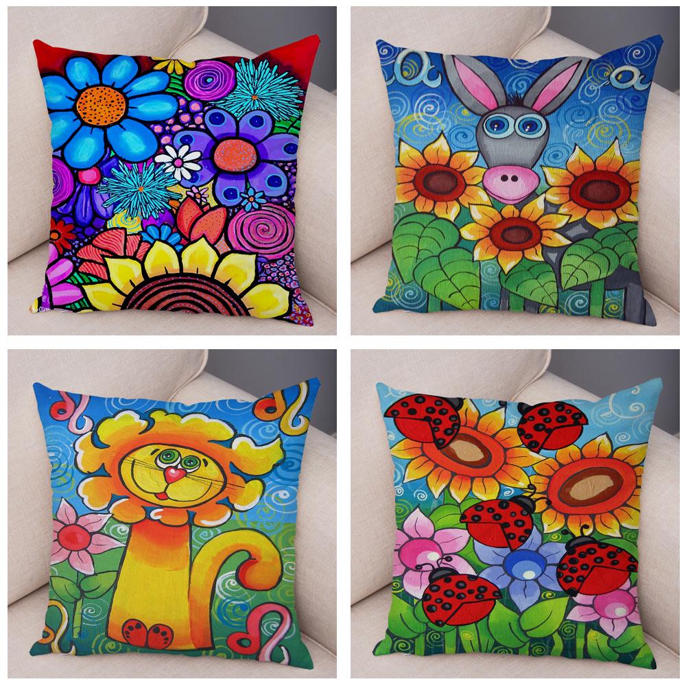 Children Oil Painting Art Cushion Cover Both Sides Plush Pillow Case Decor Cartoon Plant Throw Pillowcase for Sofa Home Car