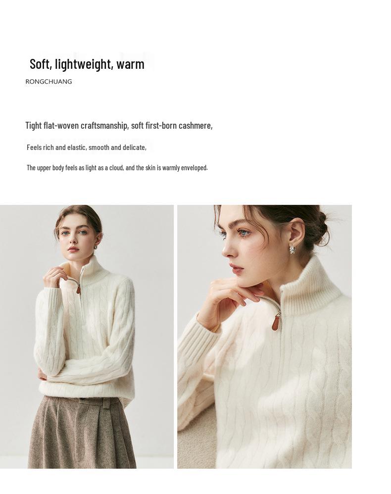 Women's High Neck Half-Zip Cable Knit Cashmere Sweater - Loose Fit, Autumn/Winter Style