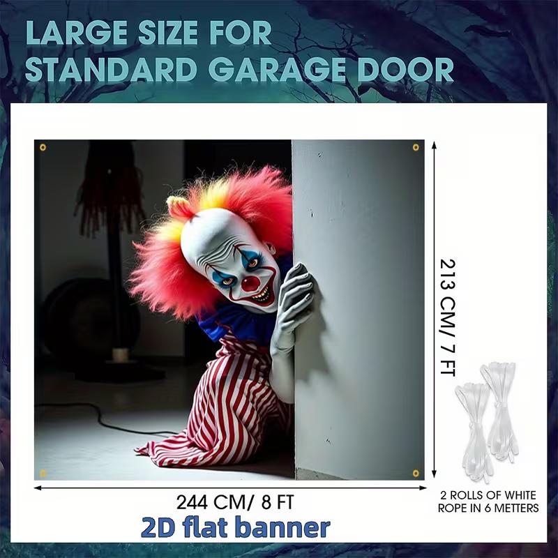 2D Creepy Killer Clown Banner, Spooky Halloween Garage Door Background
