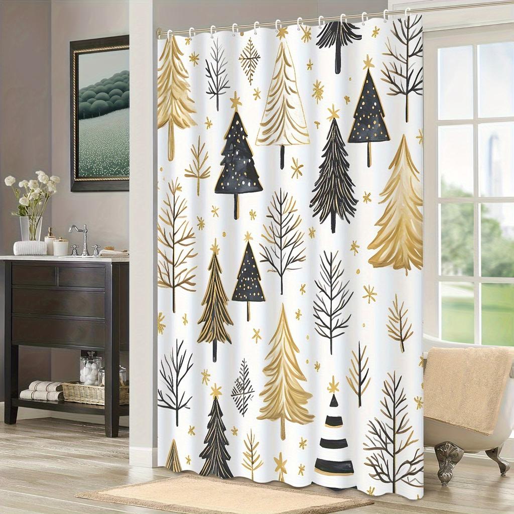 1Pc Christmas Shower Curtain - High Quality Black & Golden Watercolor Christmas Tree Design With Snowflakes