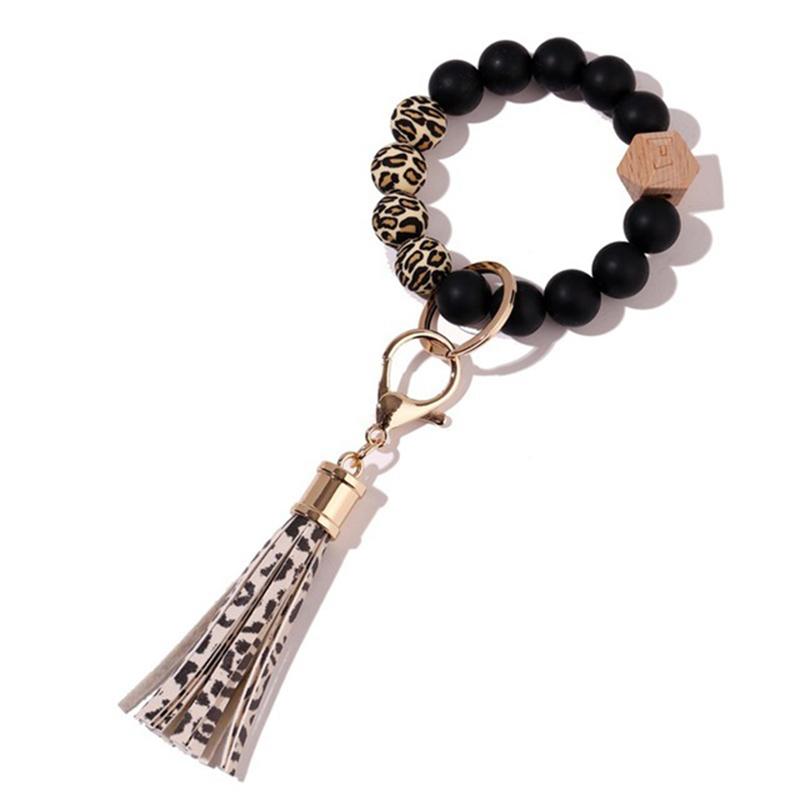 Stock Silicone Beads Elastic Bangle Bracelet Keychain Leather Tassel Silicone Beads Bracelet Wristlet Keychain for Women