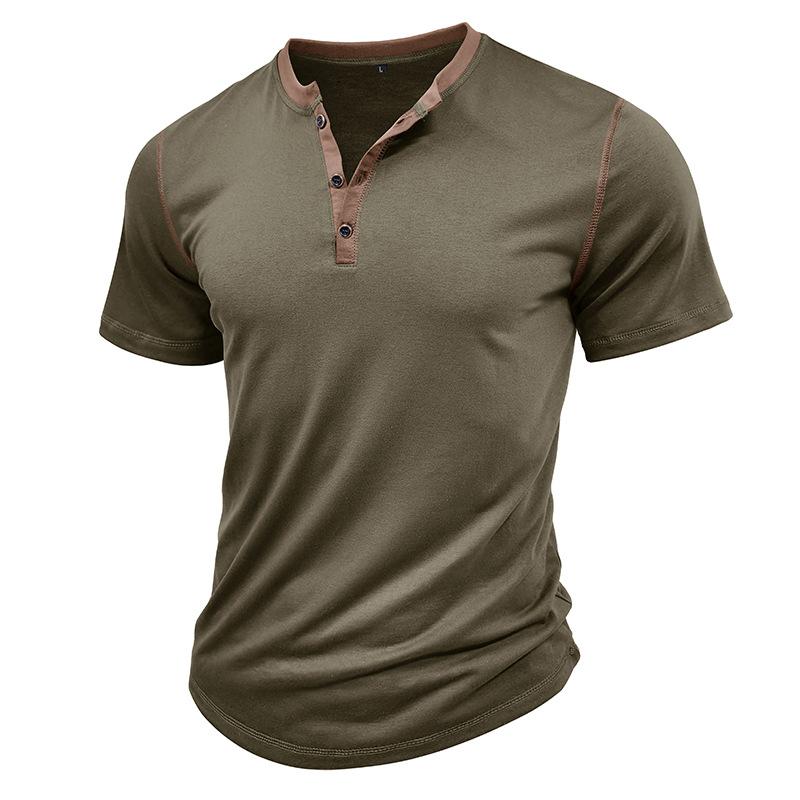 Fashion Men's Short-sleeved Henley Shirt New Men's Round Neck T-shirt Colour Blocking Body Shirt Tops