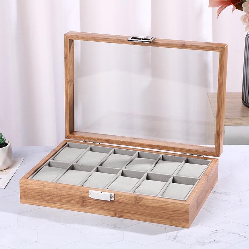 Luxury Bamboo Grain Watch and Jewelry Storage Display Box with Glass Lid