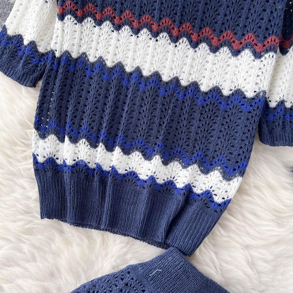 Women's Autumn Two-Piece Suit Short-Sleeved Knitted Sweater Top High-Waisted Slim Bag Hips Long Skirt