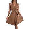 Abito Estivo da Donna Elegante a Vita Alta con Scollo a V Incrociato, Monocolore, Senza Maniche, Allacciatura, Moda, Temperamento, Primavera