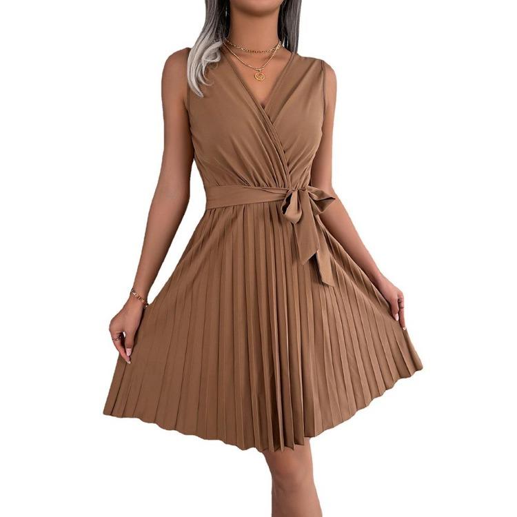Abito Estivo da Donna Elegante a Vita Alta con Scollo a V Incrociato, Monocolore, Senza Maniche, Allacciatura, Moda, Temperamento, Primavera