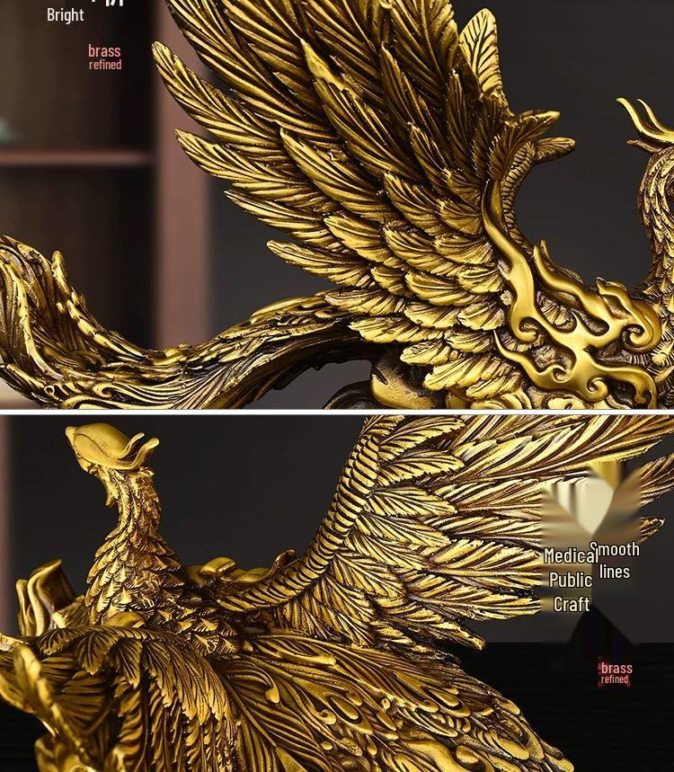 Antique Brass Vermilion Bird Ornament - Elegant Four Spirits Decor for Home or Office