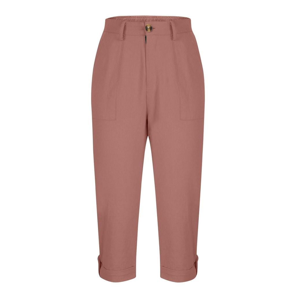 Women Casual Capri Pants High Waisted Rolled Cuff Ankle Pants Solid Color Pocket Detail Loose Fit Trousers