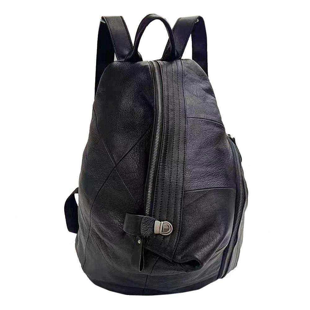 Style Leather Backpack Hand-Spliced Cowhide Large-Capacity Retro Anti-Theft Lock Backpack