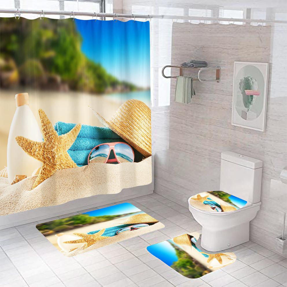 Bathroom Shower Curtain Four-piece Digital Printing Beach Shell Waterproof Shower Curtain Shower Curtain Partition Curtain Bath Mat