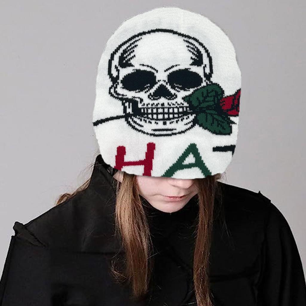 Knit Skull&Rose Beanie Hat for Students Adult Windproof Foldable Winter Hat Handmade Halloween Keep Warm Cycling Hat