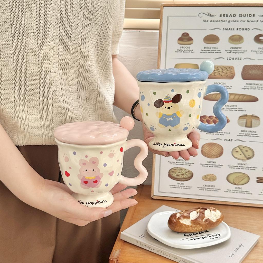 Niedliches Cartoon-Punkte-Welpen-Paar Wasserbecher Hochwertige Keramiktasse mit Deckel Löffel Zum Verschenken an Mädchen Geburtstagsgeschenk