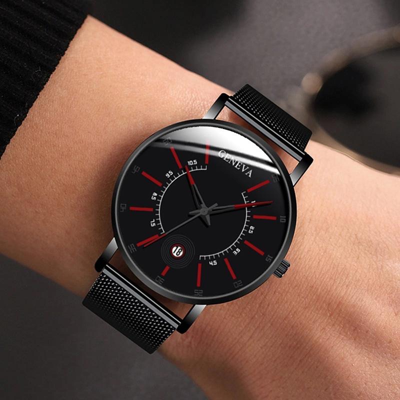 2ks/sada módních pánských obchodních hodinek se síťovaným řemínkem, quartzových hodinek, klasických kreativních kalendářních náramkových hodinek a náramku