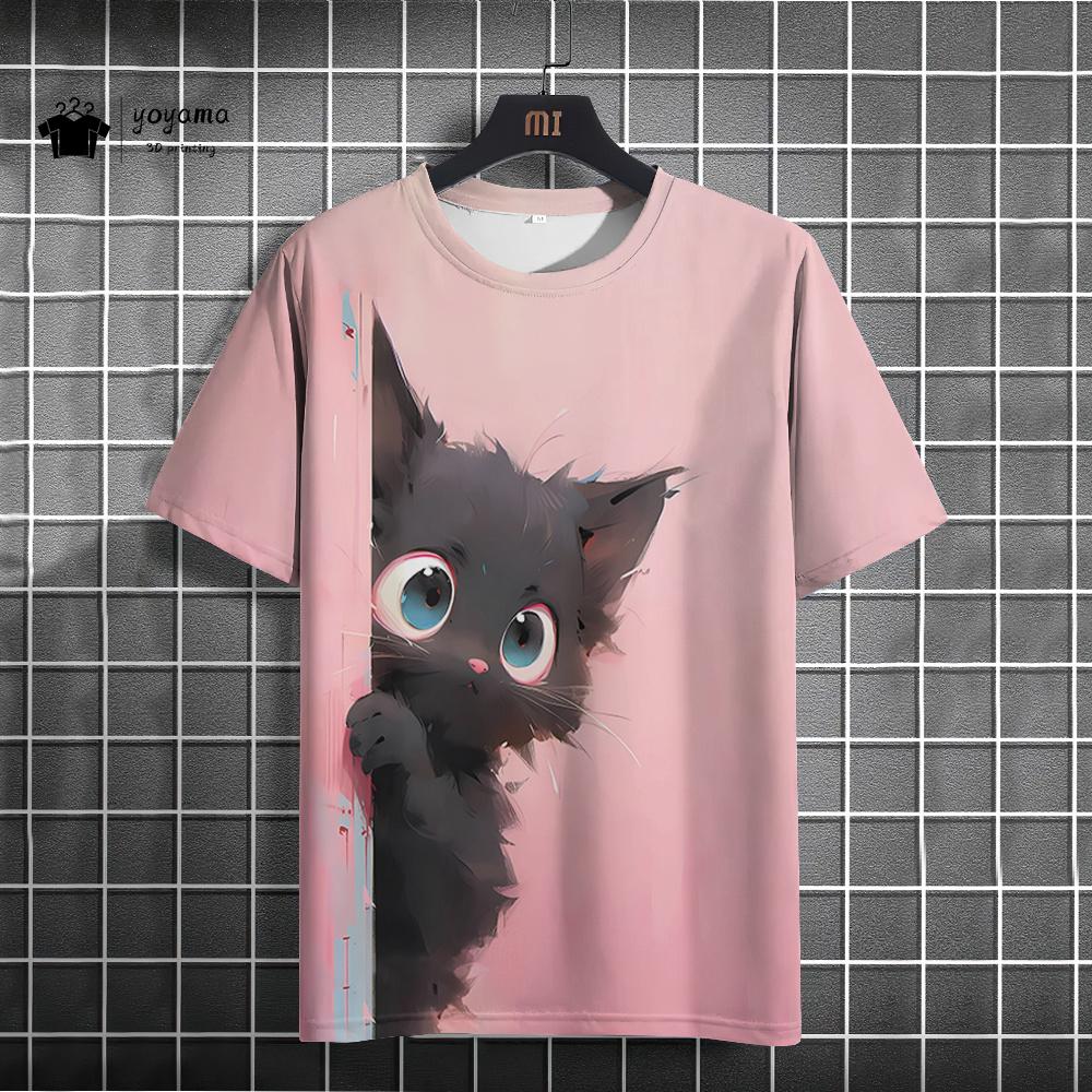 Cat printed T-shirt, Fun animal 3D printed short sleeved T-shirt, Large casual T-shirt