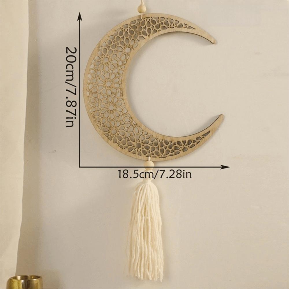 Wooden Material Ramadan Ornaments Moon Shape Star Shape Hanging Decor Hollow Mesh Tassel Design Muslim Decor Ramadan Celebration