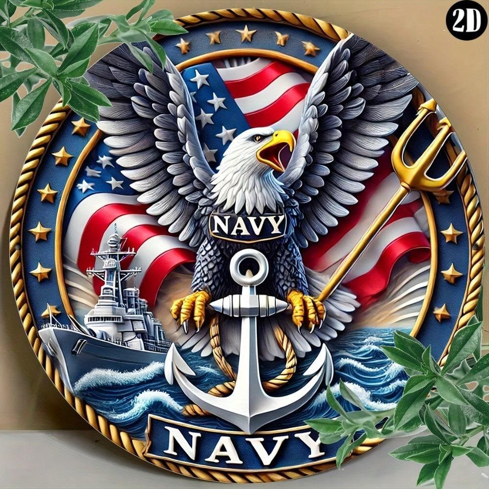 Vintage Eagle Navy Metal Sign Round Wall Art Home Outdoor Decor Fourth of July Patriotic Gift Customized