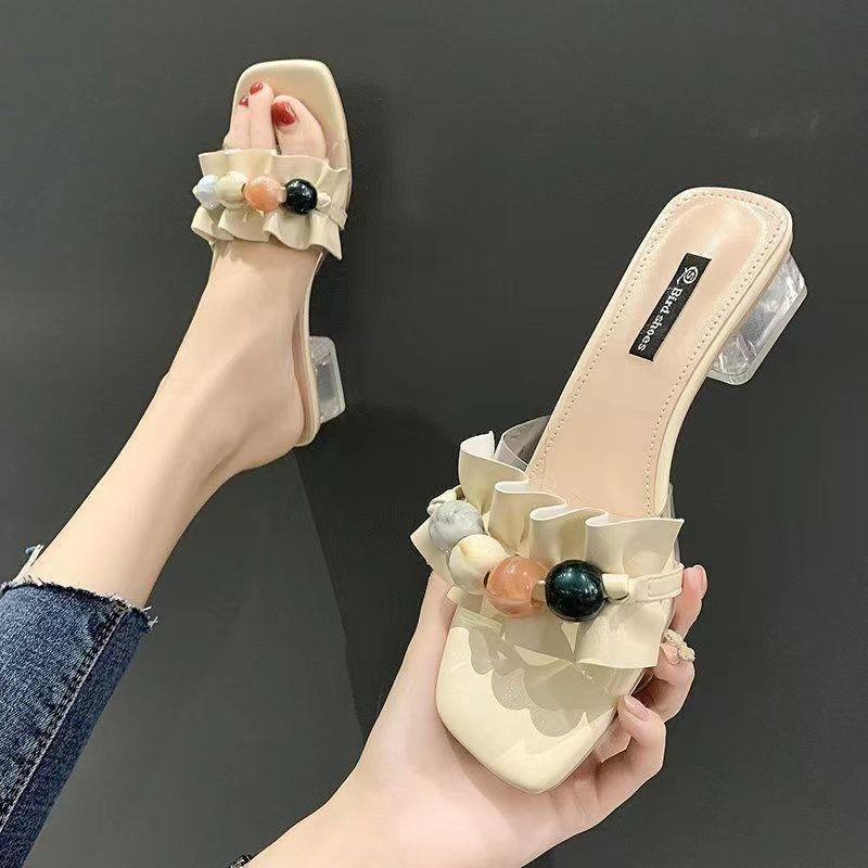 Ciabatte di Cristallo - Scarpe da Donna con Tacco Spesso e Punta Quadrata, Sandali con Tacco Alto