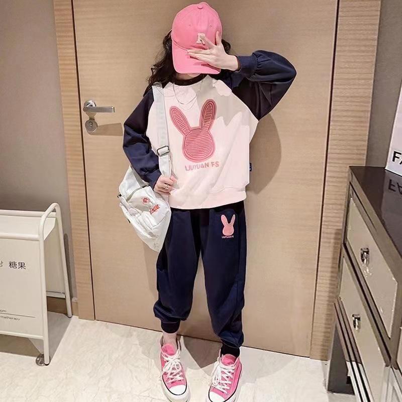Girls' Colorblock Cartoon Sportswear Set: Spring/Autumn Long-Sleeve Top & Loose Pants