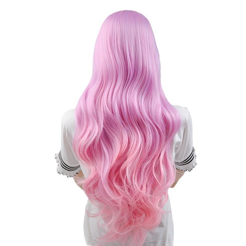 Qi Bangs Long Curly Hair Anime Wig Sky Blue Bangs Light Purple Gradual Change Powder