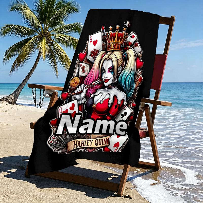Custom Name Personalized Harley Quinn Joker Print Beach Towel, for Trip Camping Beach Party Home Decor, Birthday Gift for Family & Friends