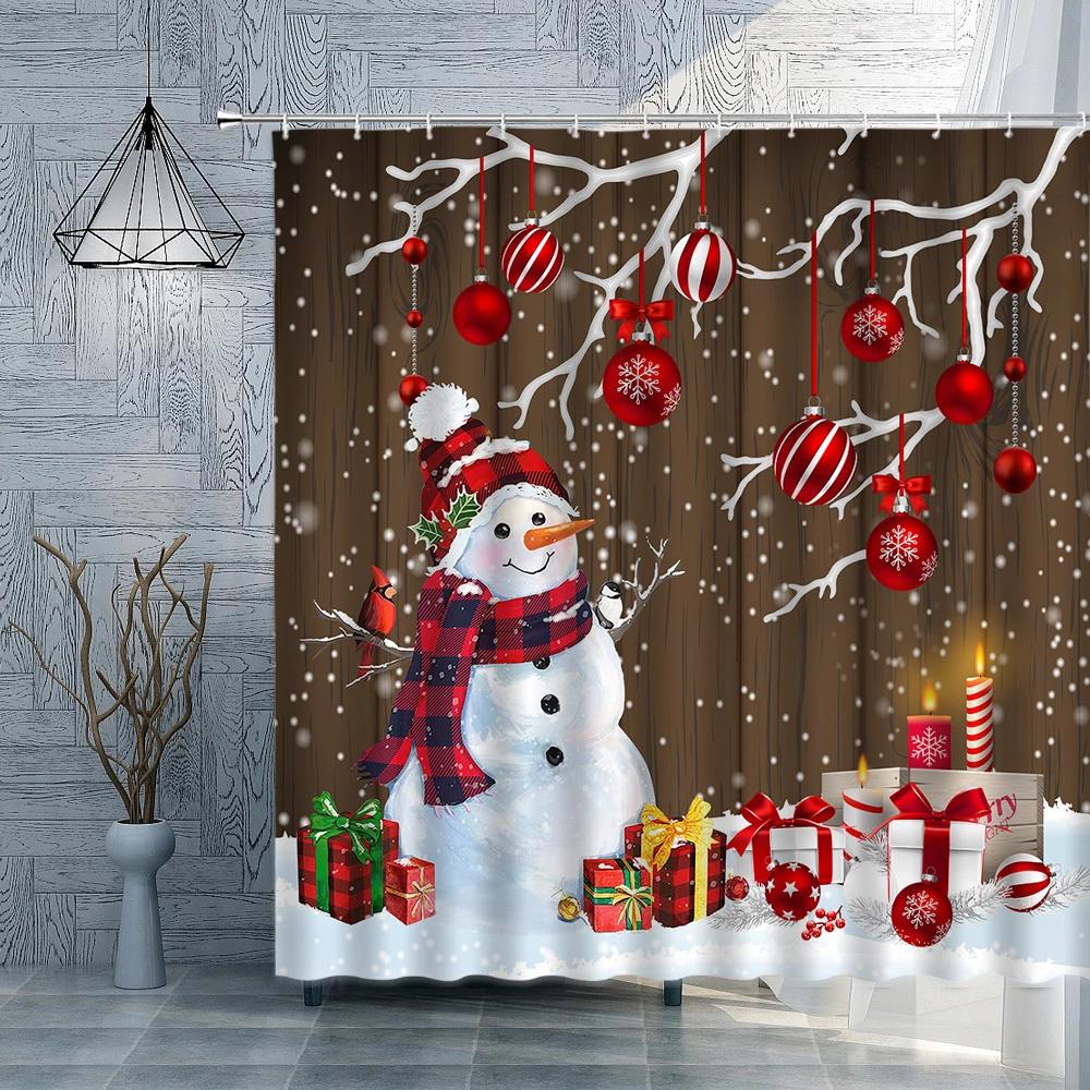 

Christmas Shower Curtain Christmas Ball Pine Branch Santa Claus Bath Curtain Fabric Bathroom Decor Bathroom Accessories Sets W90XH180cm
