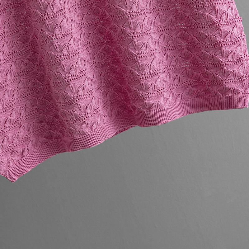 QICED Letní jednobarevný vyšívaný ležérní módní set s kulatým výstřihem, krátkým rukávem a dlouhými kalhotami, pletený dvoudílný set