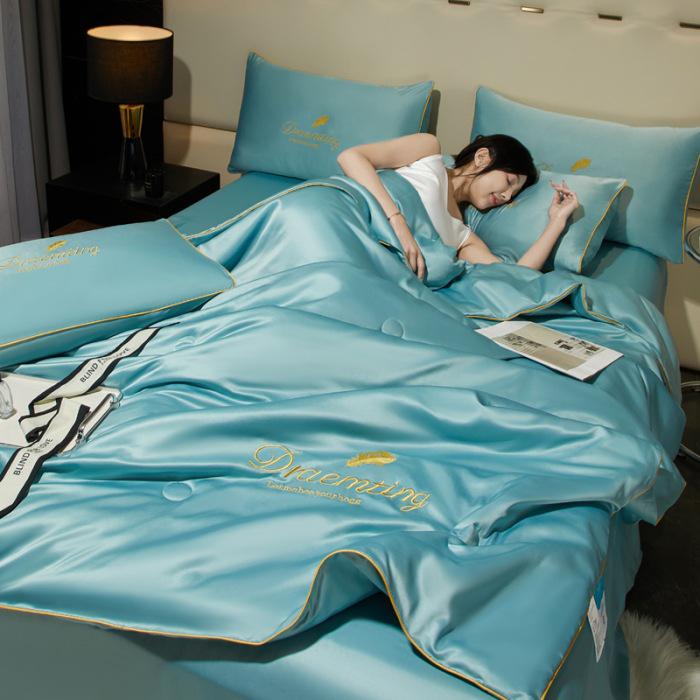 Embroidered Ice Silk Summer Quilt Set: Cool, Luxurious 3-Piece or 4-Piece with Pillowcase for Dorms.