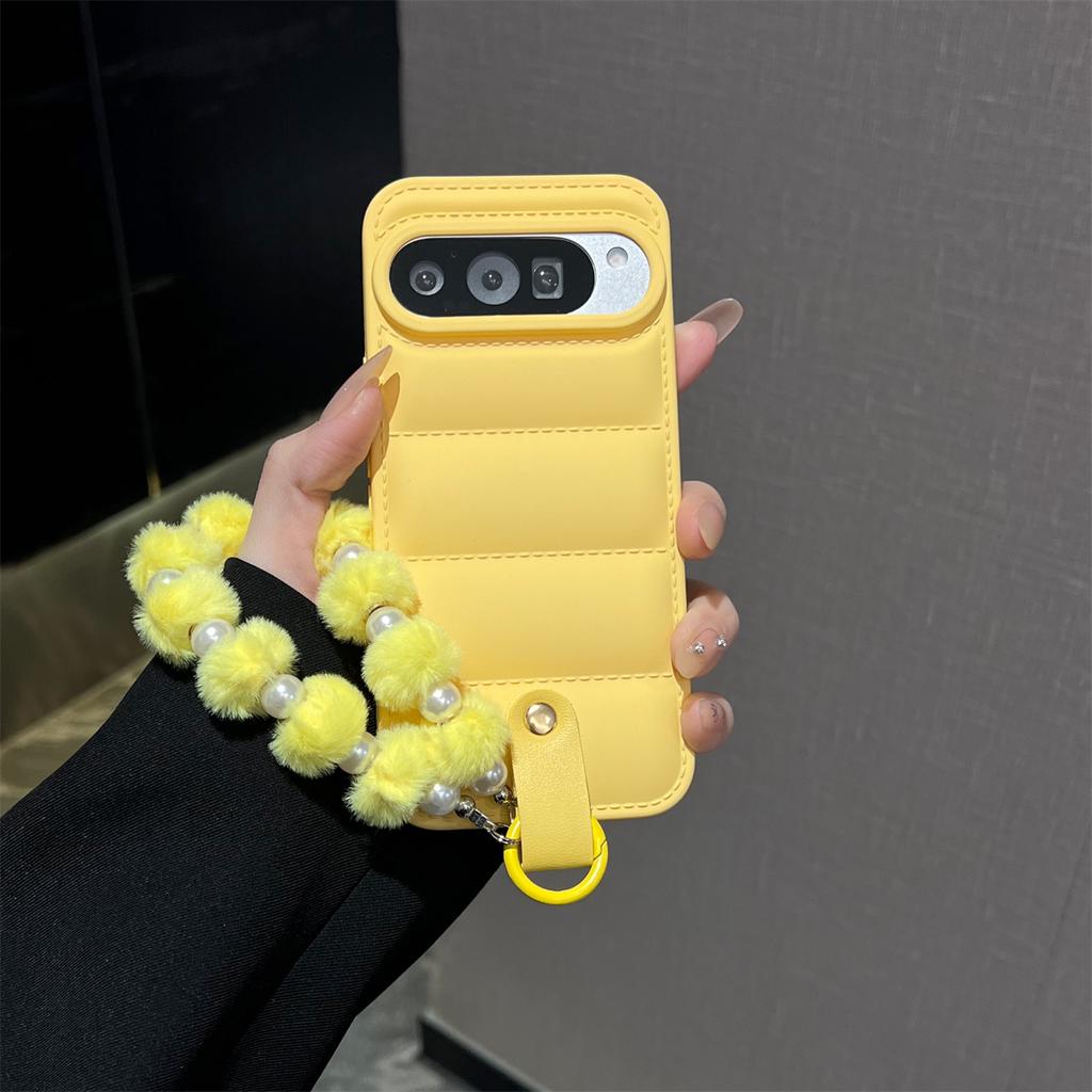 Down Jacket Pearl Hairball Wrist Strap Phone Case for Google Pixel 10 Pro XL 9 9A 8 7 7A 6 6A 5A 5 Protective Soft TPU Cover