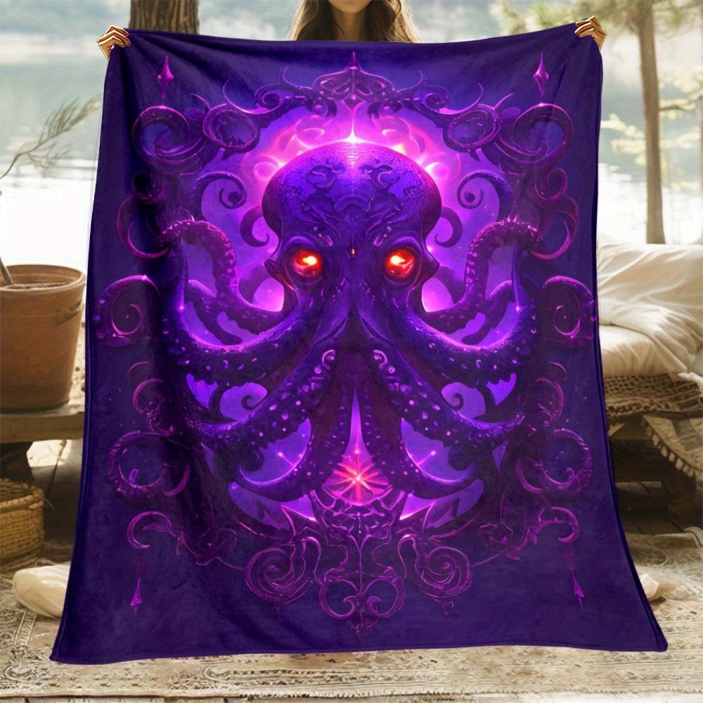 Purple Cthulhu Octopus with Red Eyes Mythical Creature Fleece Blanket Dark Fantasy Art Soft Plush Throw Blanket for Horror Fans