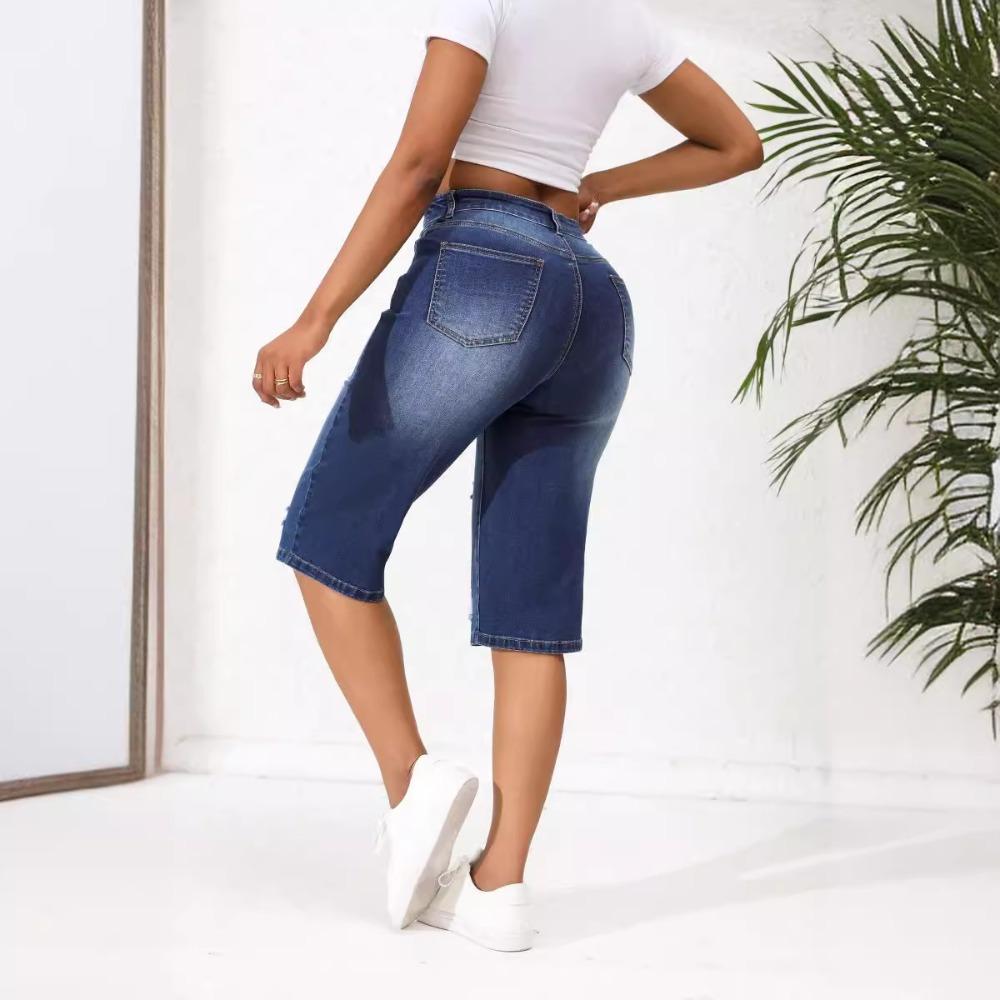 Pantalon Capri Droit Taille Haute Déchiré pour Femme Bermuda en Jean Usé Pantalon Décontracté pour le Travail